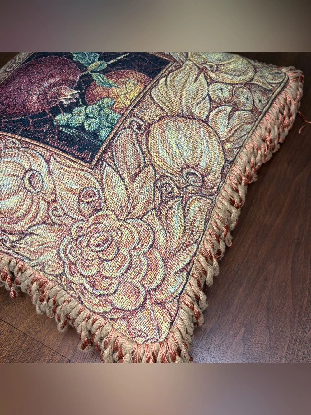 Vtg Riddle Home Tapestry Fruit Throw Pillow Fringes Woven Pat Campbell Weavetec